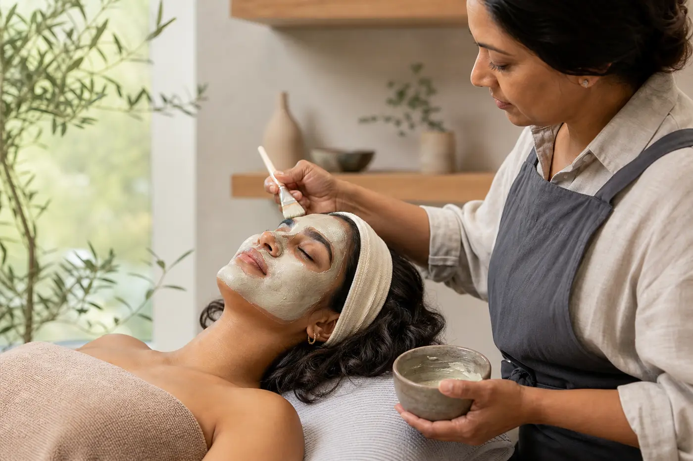 Client receiving a botanical clay mask treatment