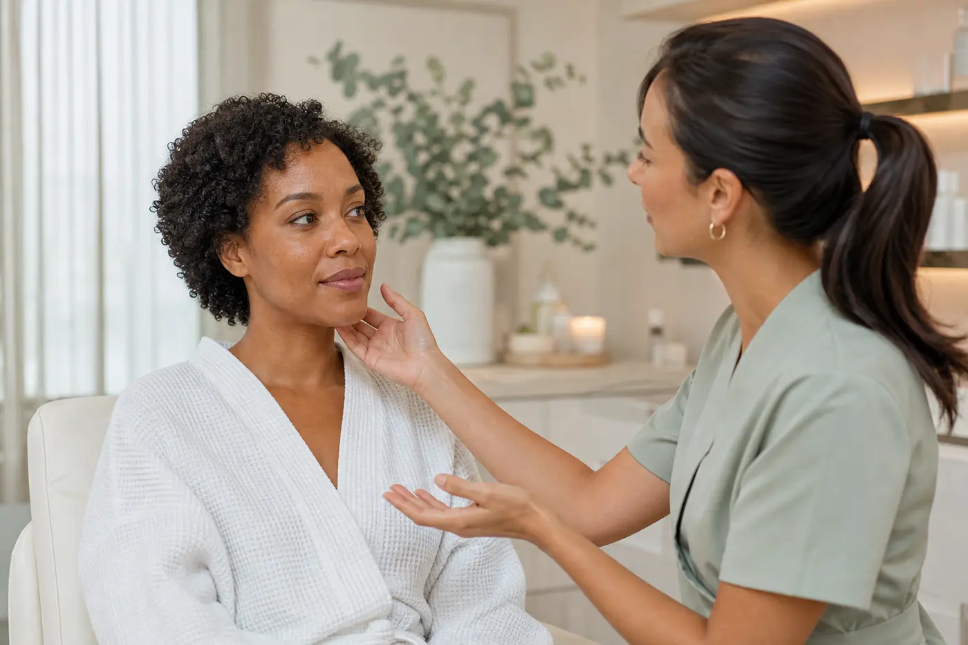 Client discussing her skin goals with an esthetician