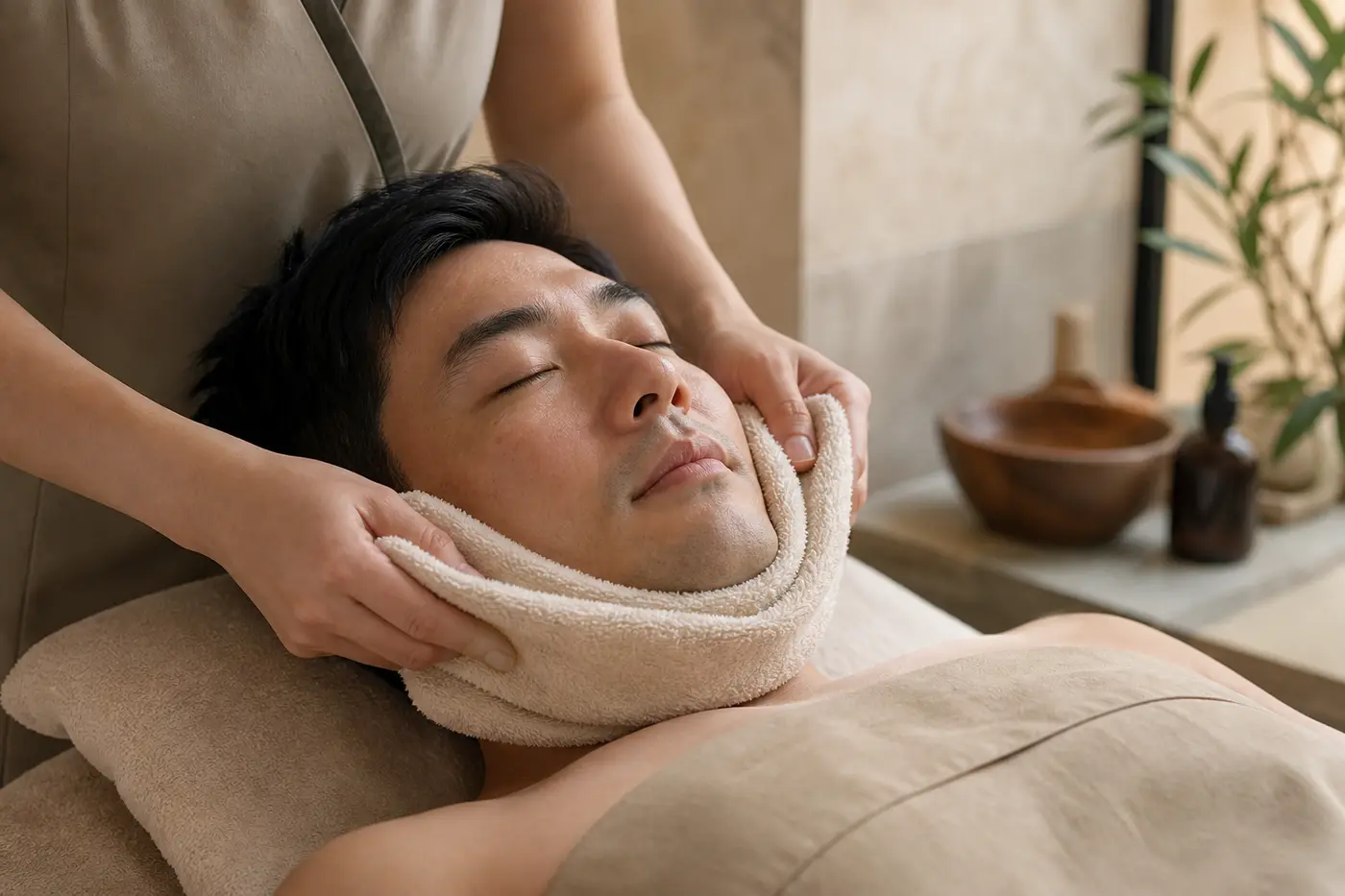 Client enjoying a warm towel renewal facial