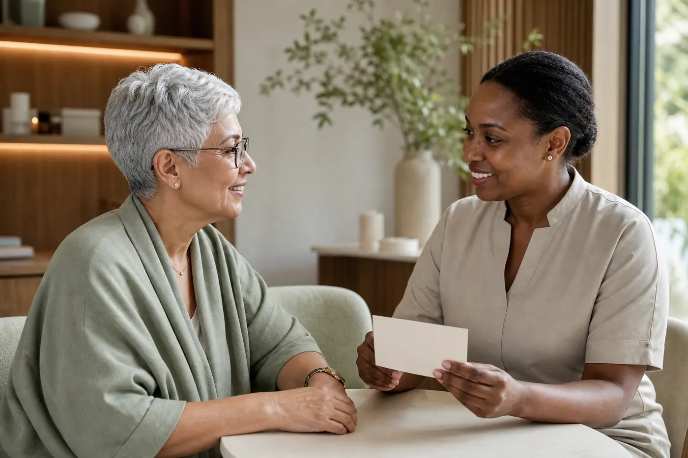 Client speaking with a skin therapist during a consultation